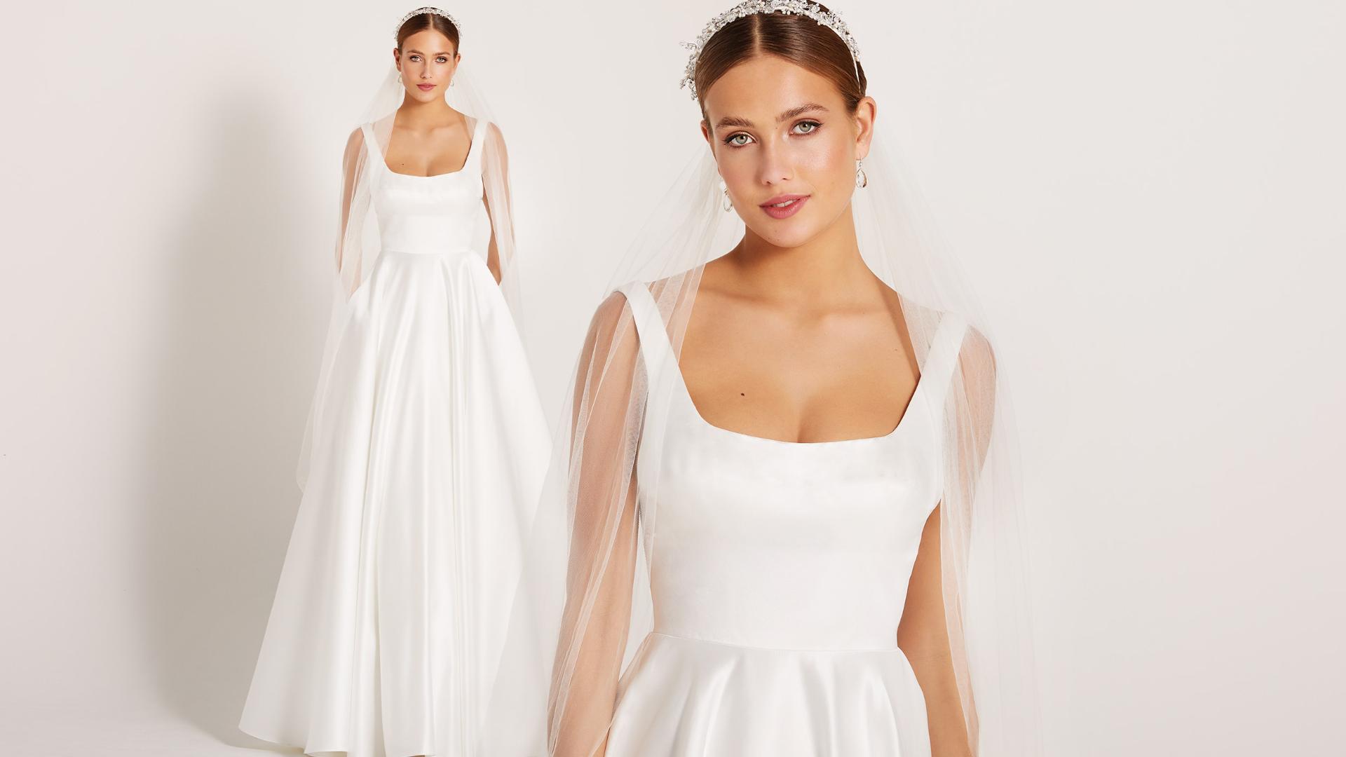 Bryllupskjole med kvadratisk halsudskæring og skjulte lommer