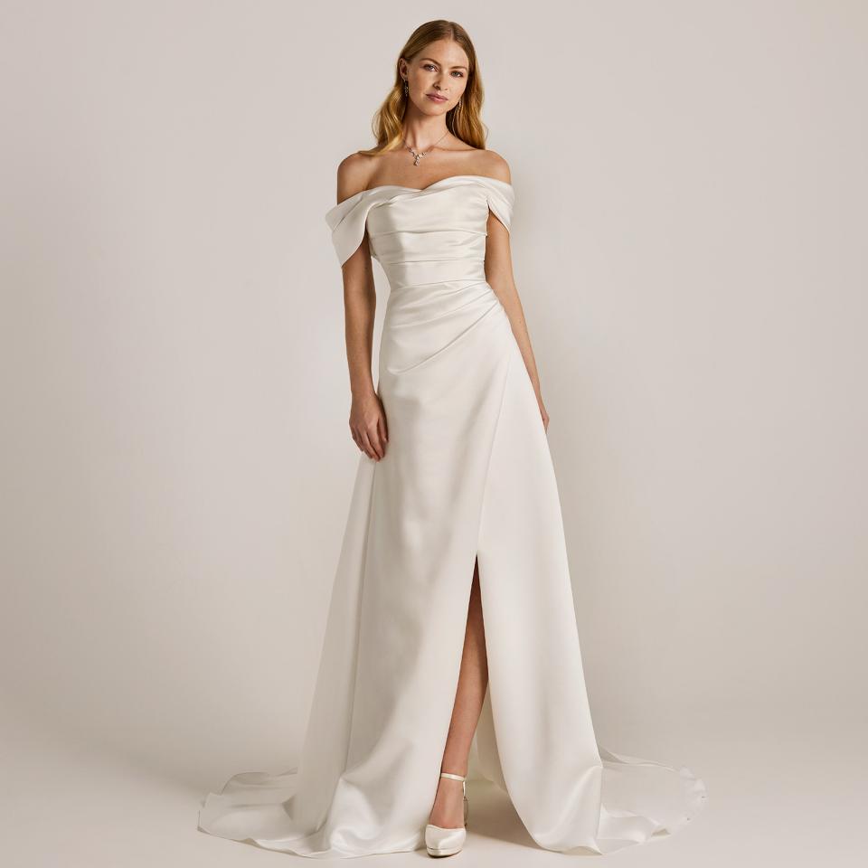Satin wedding dress with offshouder neckline